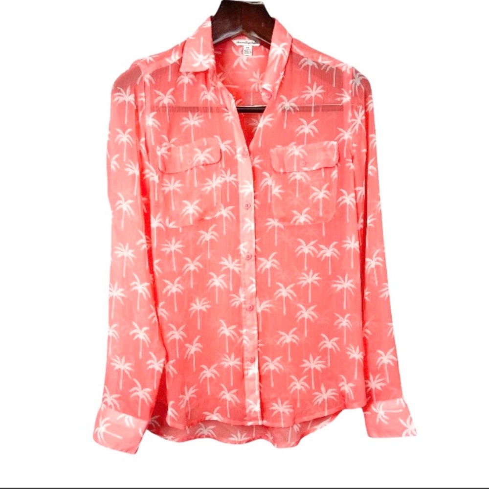 AEO•sheer neon coral palm tree button down